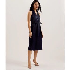 In Stores Now Ted Baker Terrud Elegant Navy V-Neck Satin Dress Sz 6 US /Ted Sz 2